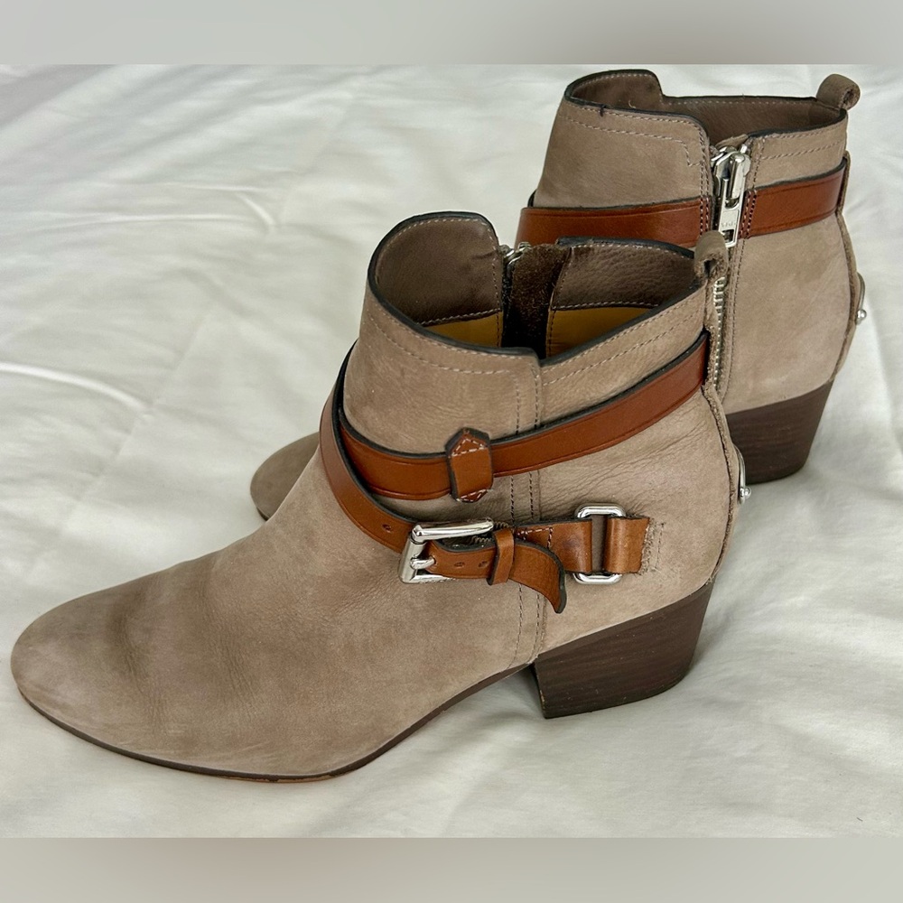 Coach Pauline Taupe Suede Ankle Boots with Brown Leather Strap